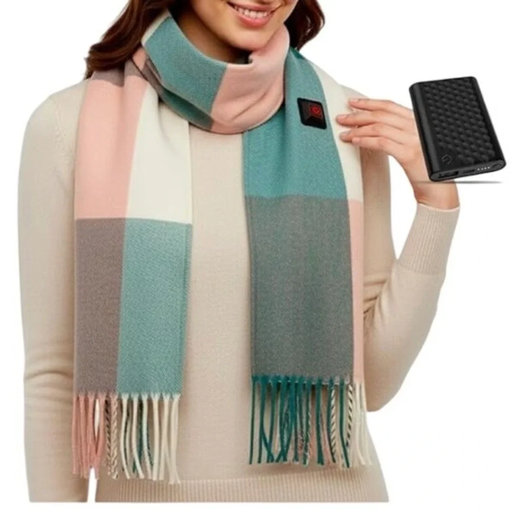Genovega Heated Scarf Pink & Green Plaid Winter Battery Pack 3 Heat Settings NEW